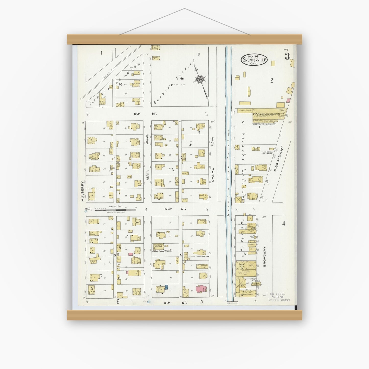 Old map wall art mockup — magnetic wood frame on white wall — Sanborn Fire Insurance Map from Spencerville, Allen County, Ohio (1921), Sheet #0003