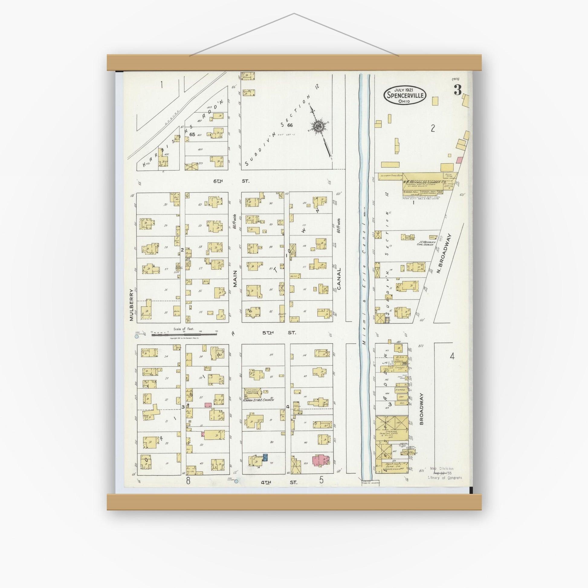 Old map wall art mockup — magnetic wood frame on white wall — Sanborn Fire Insurance Map from Spencerville, Allen County, Ohio (1921), Sheet #0003