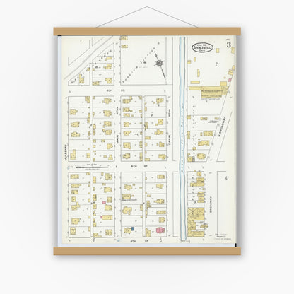 Old map wall art mockup — magnetic wood frame on white wall — Sanborn Fire Insurance Map from Spencerville, Allen County, Ohio (1921), Sheet #0003