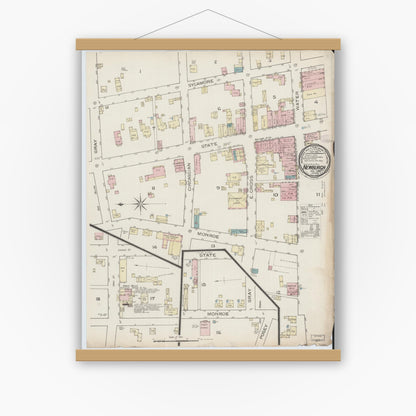 Old map wall art mockup — magnetic wood frame on white wall — Sanborn Fire Insurance Map from Newburgh, Warrick County, Indiana (1886), Sheet #0001
