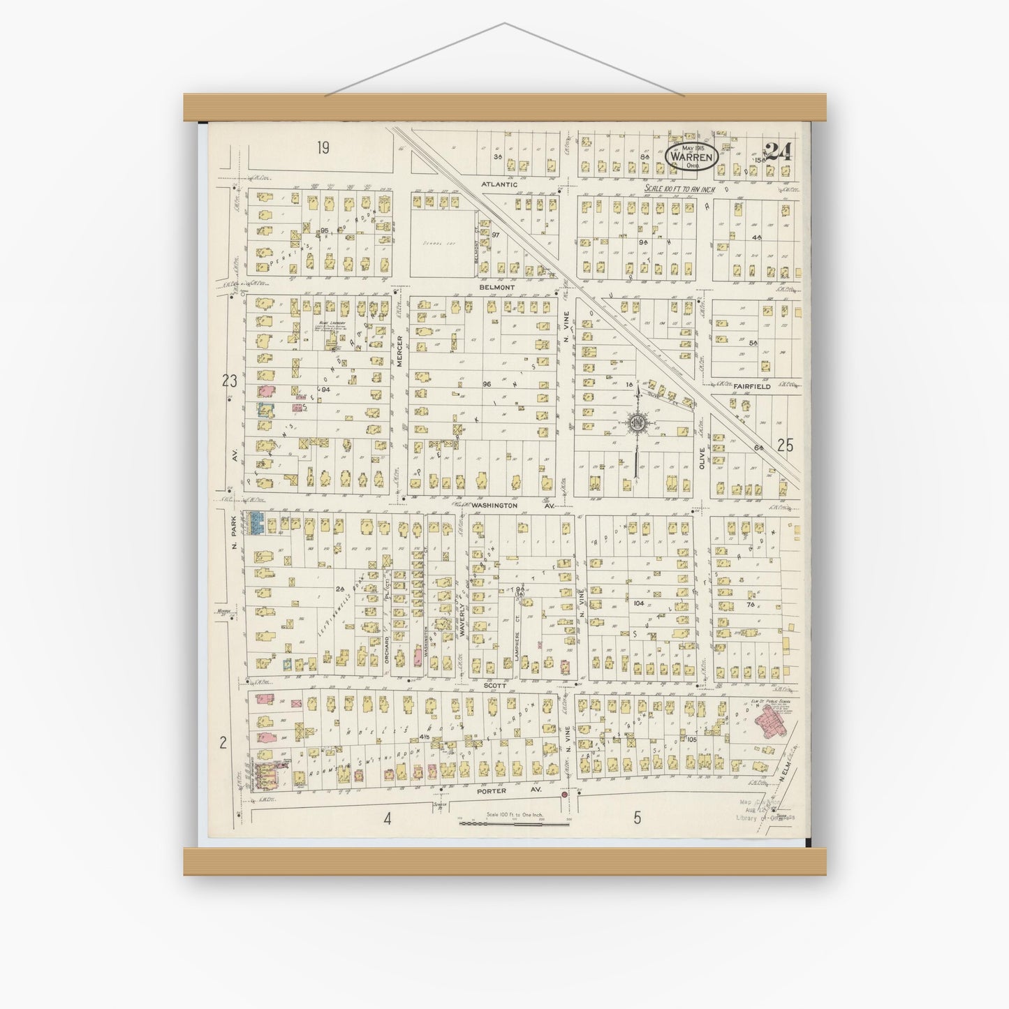 Old map wall art mockup — magnetic wood frame on white wall — Sanborn Fire Insurance Map from Warren, Trumbull County, Ohio (1915), Sheet #0024
