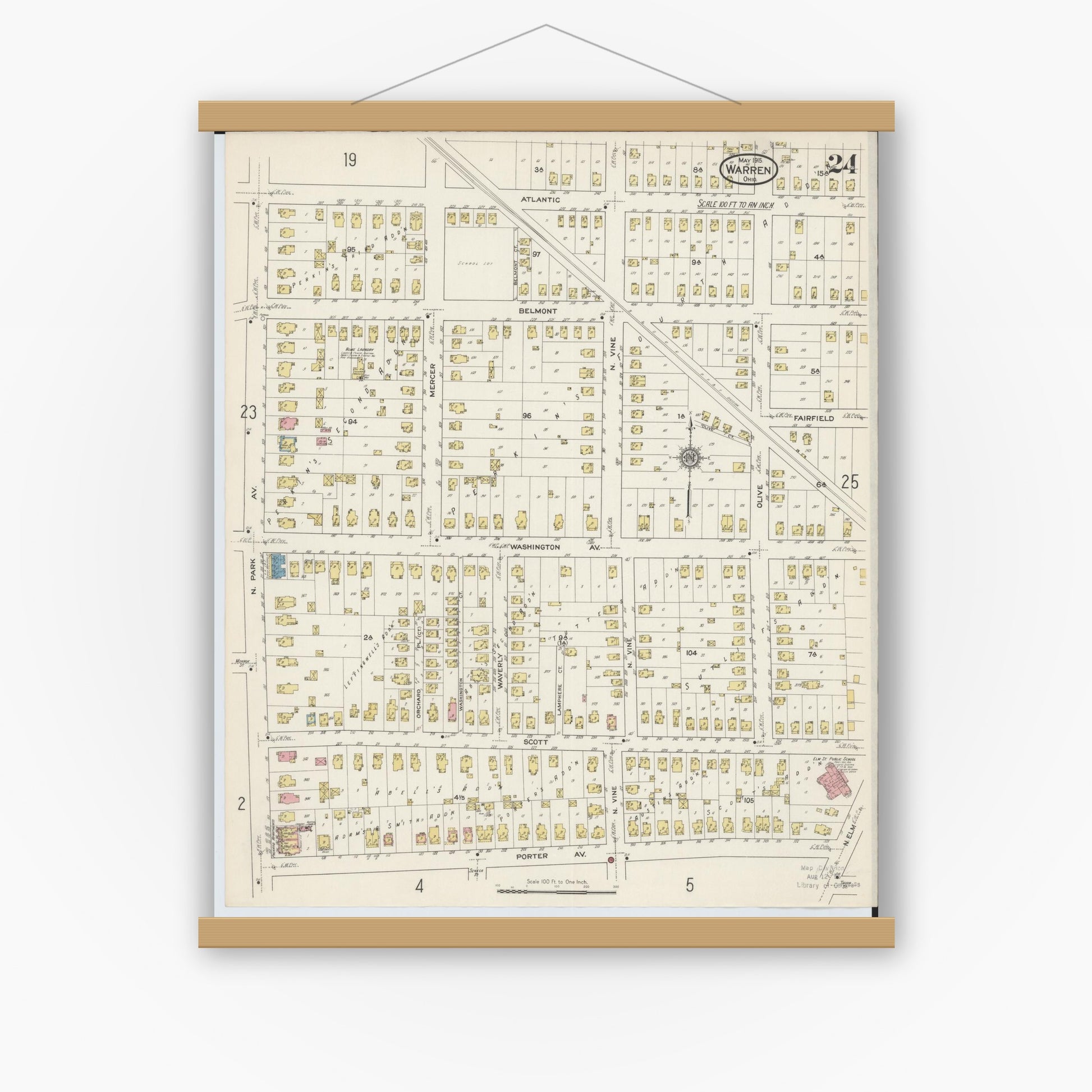 Old map wall art mockup — magnetic wood frame on white wall — Sanborn Fire Insurance Map from Warren, Trumbull County, Ohio (1915), Sheet #0024