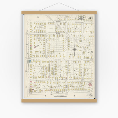 Old map wall art mockup — magnetic wood frame on white wall — Sanborn Fire Insurance Map from Warren, Trumbull County, Ohio (1915), Sheet #0024
