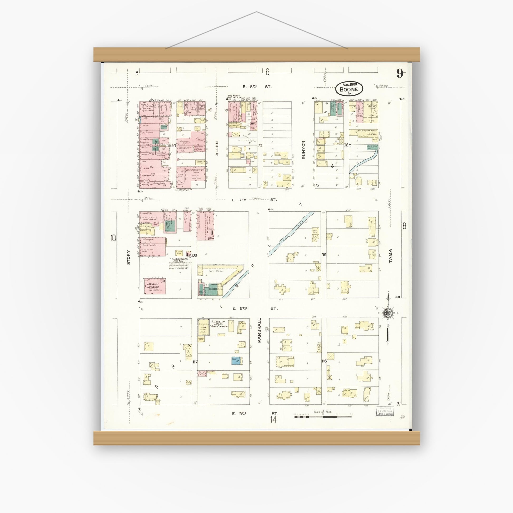 Old map wall art mockup — magnetic wood frame on white wall — Sanborn Fire Insurance Map from Boone, Boone County, Iowa (1909), Sheet #0009