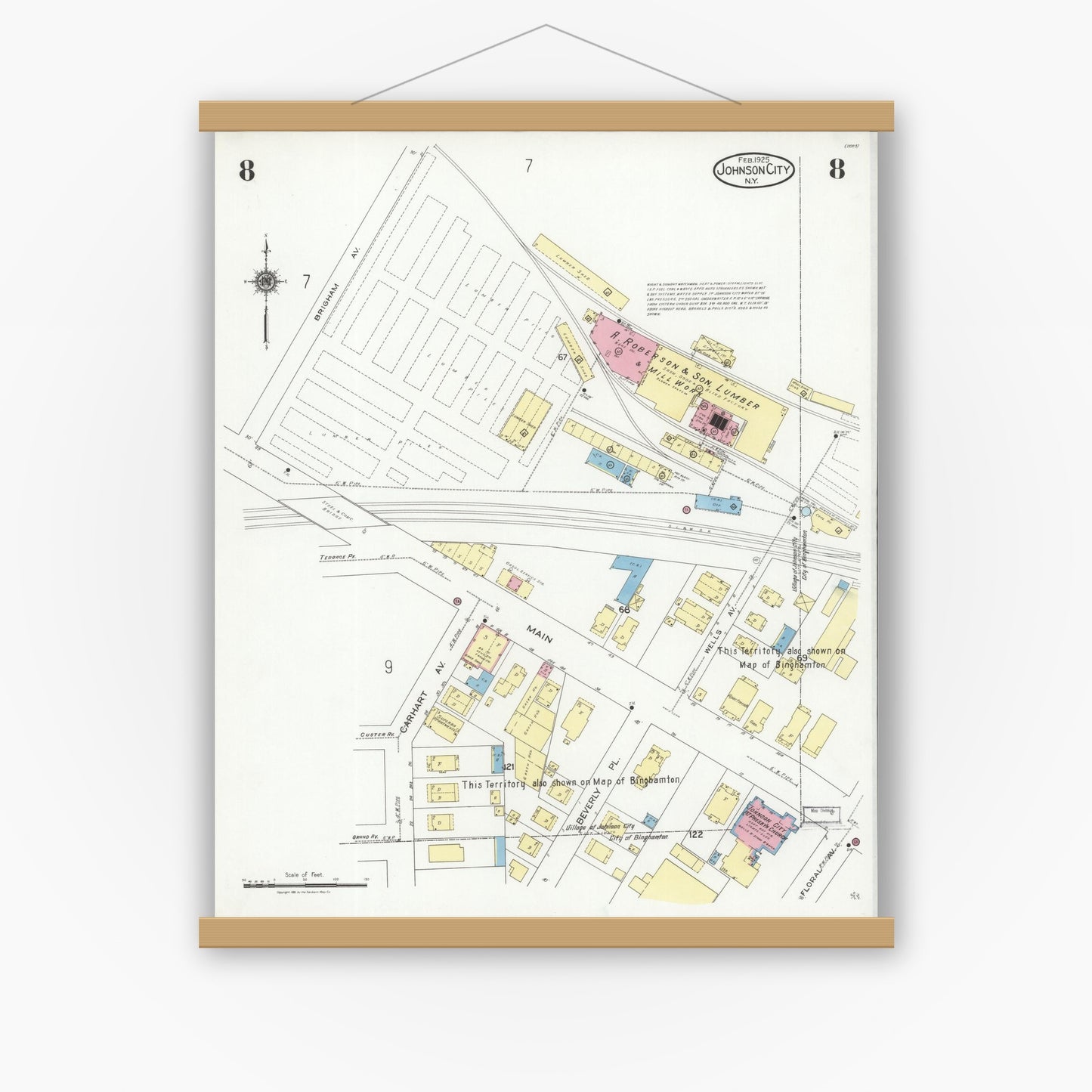 Old map wall art mockup — magnetic wood frame on white wall — Sanborn Fire Insurance Map from Johnson City, Broome County, New York (1925), Sheet #0008