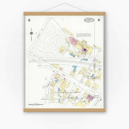 Old map wall art mockup — magnetic wood frame on white wall — Sanborn Fire Insurance Map from Johnson City, Broome County, New York (1925), Sheet #0008
