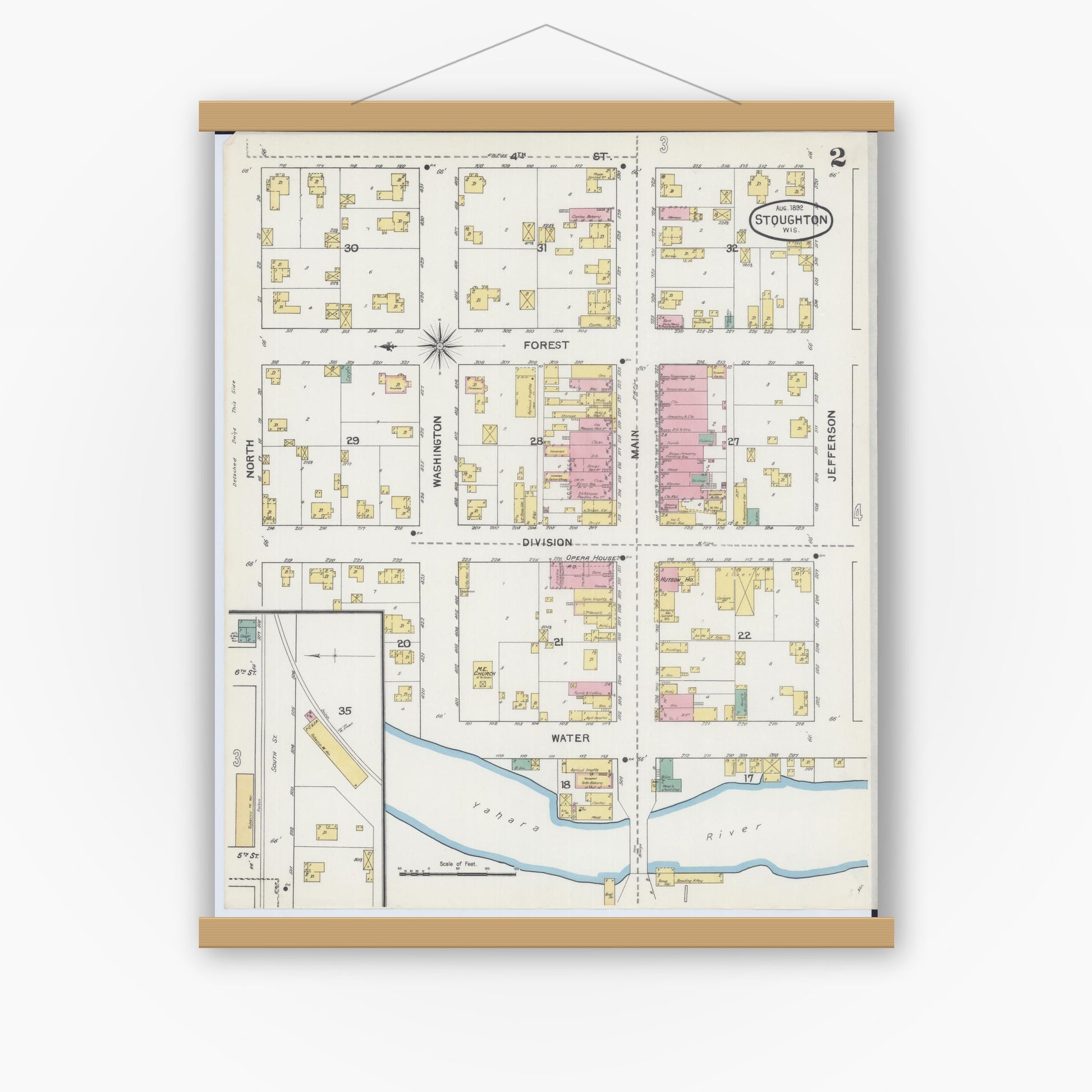 Old map wall art mockup — magnetic wood frame on white wall — Sanborn Fire Insurance Map from Stoughton, Dane County, Wisconsin (1892), Sheet #0002