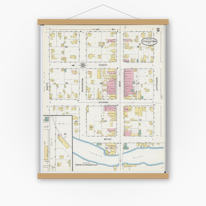 Old map wall art mockup — magnetic wood frame on white wall — Sanborn Fire Insurance Map from Stoughton, Dane County, Wisconsin (1892), Sheet #0002
