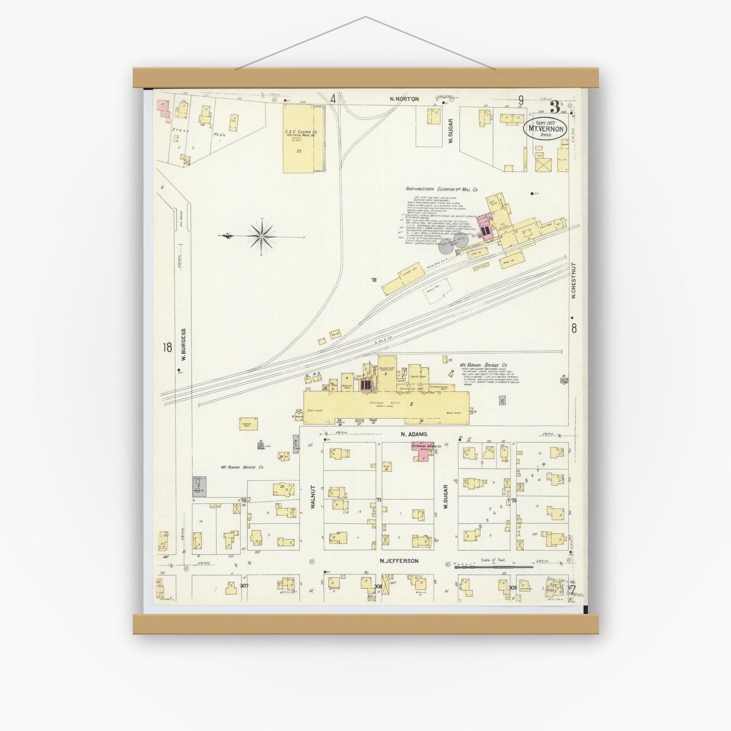 Old map wall art mockup — magnetic wood frame on white wall — Sanborn Fire Insurance Map from Mount Vernon, Knox County, Ohio (1907), Sheet #0003