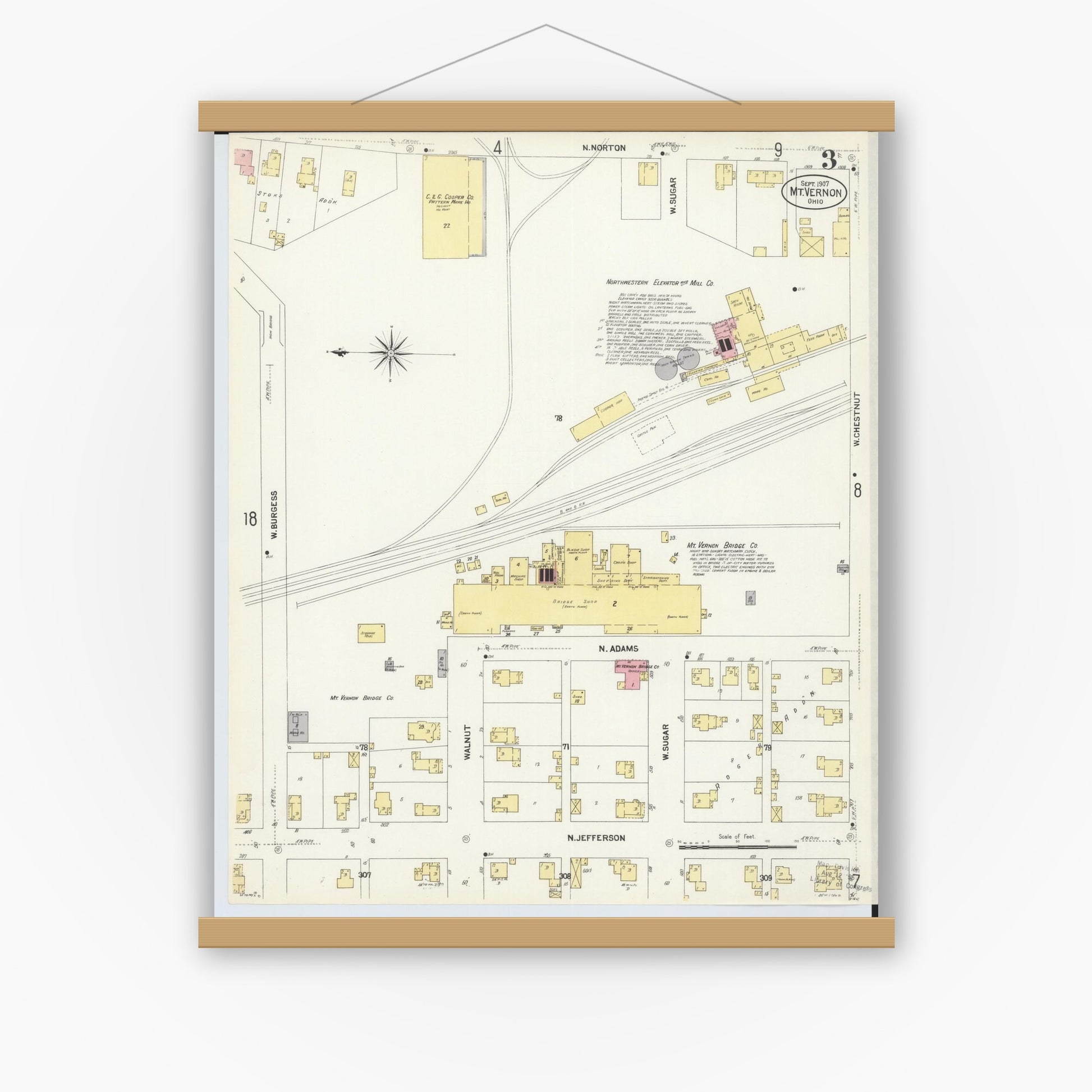 Old map wall art mockup — magnetic wood frame on white wall — Sanborn Fire Insurance Map from Mount Vernon, Knox County, Ohio (1907), Sheet #0003