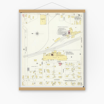 Old map wall art mockup — magnetic wood frame on white wall — Sanborn Fire Insurance Map from Mount Vernon, Knox County, Ohio (1907), Sheet #0003