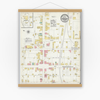 Old map wall art mockup — magnetic wood frame on white wall — Sanborn Fire Insurance Map from Harmony, Butler County, Pennsylvania (1906), Sheet #0001