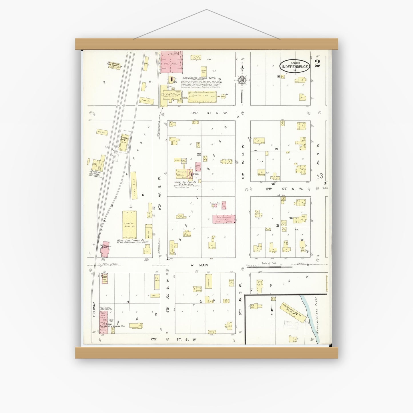 Old map wall art mockup — magnetic wood frame on white wall — Sanborn Fire Insurance Map from Independence, Buchanan County, Iowa (1913), Sheet #0002