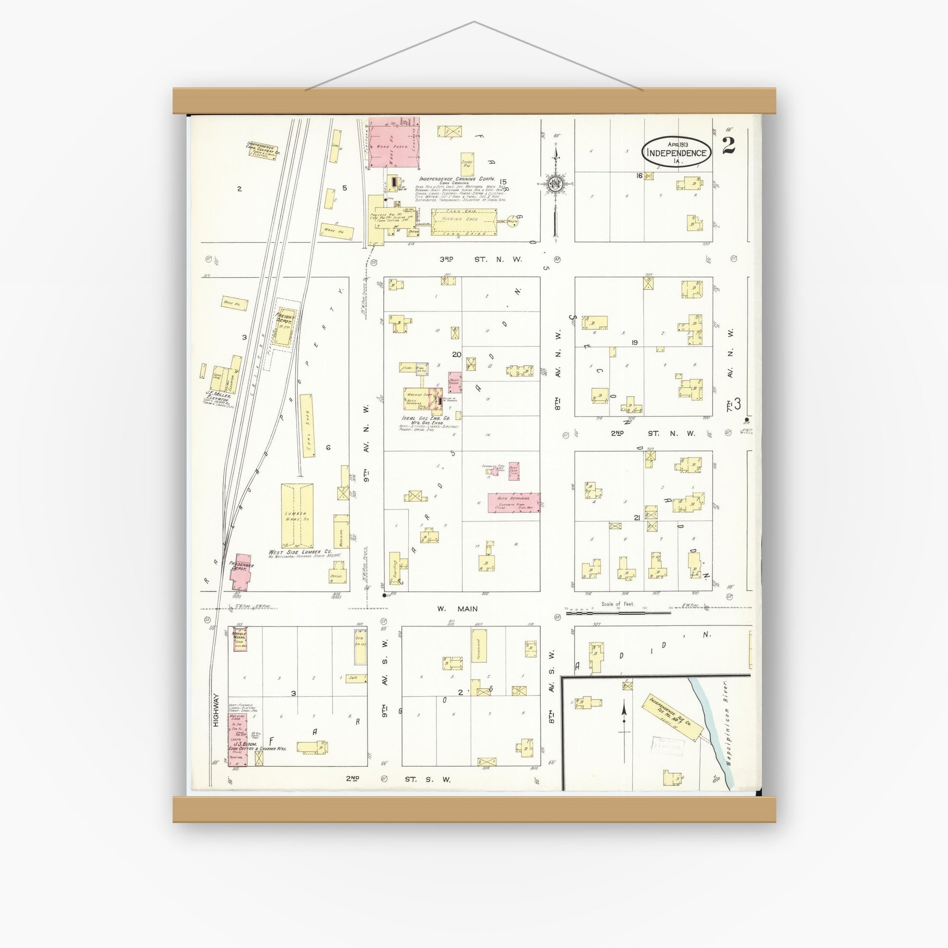 Old map wall art mockup — magnetic wood frame on white wall — Sanborn Fire Insurance Map from Independence, Buchanan County, Iowa (1913), Sheet #0002