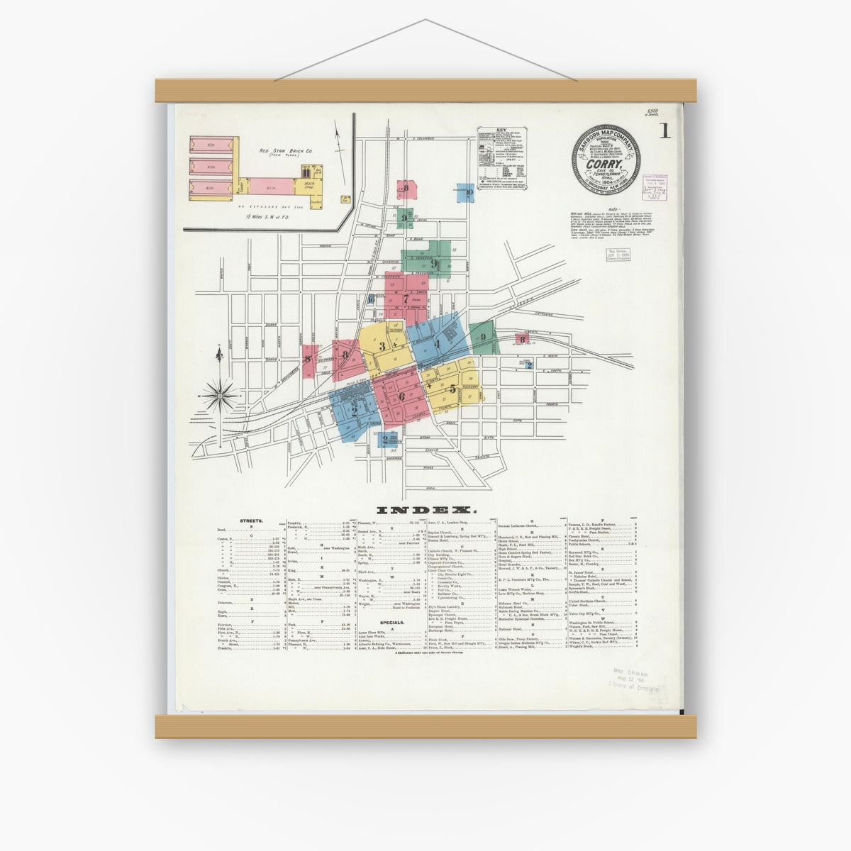 Old map wall art mockup — magnetic wood frame on white wall — Sanborn Fire Insurance Map from Corry, Erie County, Pennsylvania (1904), Sheet #0001