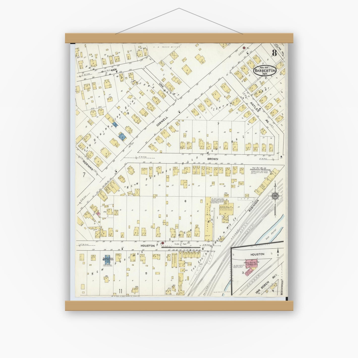 Old map wall art mockup — magnetic wood frame on white wall — Sanborn Fire Insurance Map from Barberton, Summit County, Ohio (1916), Sheet #0008