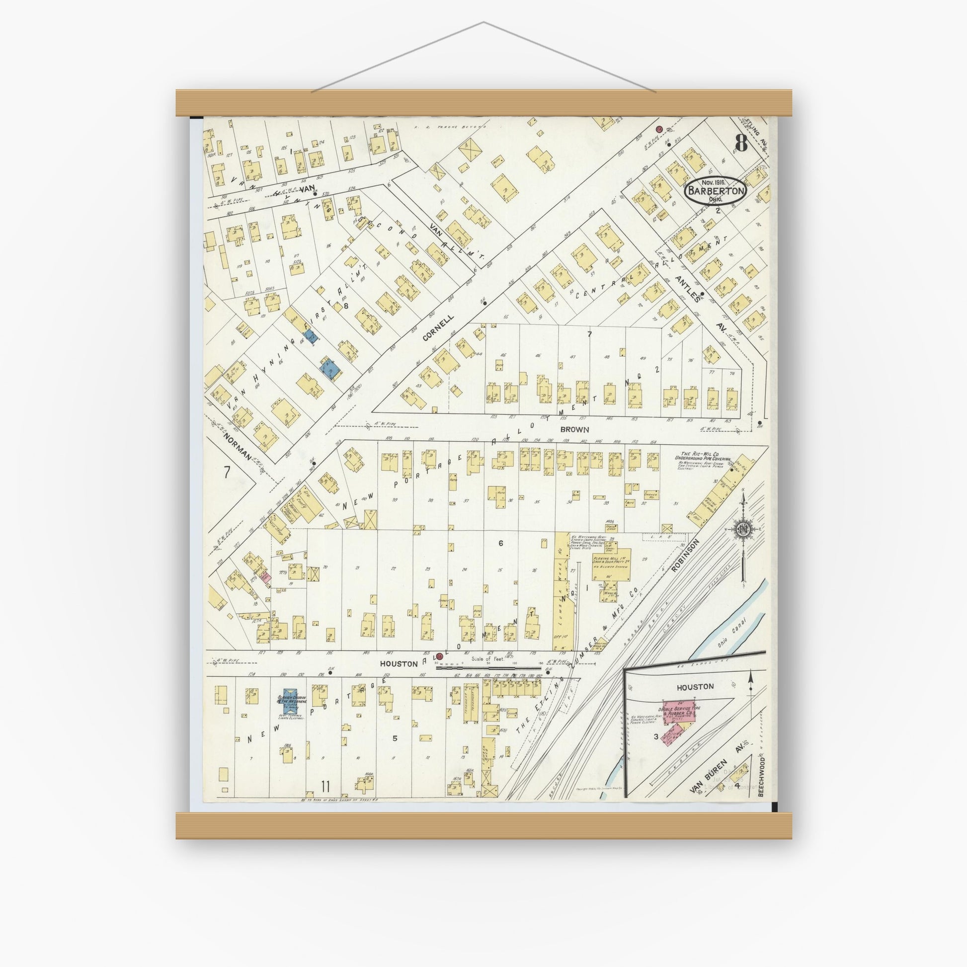 Old map wall art mockup — magnetic wood frame on white wall — Sanborn Fire Insurance Map from Barberton, Summit County, Ohio (1916), Sheet #0008