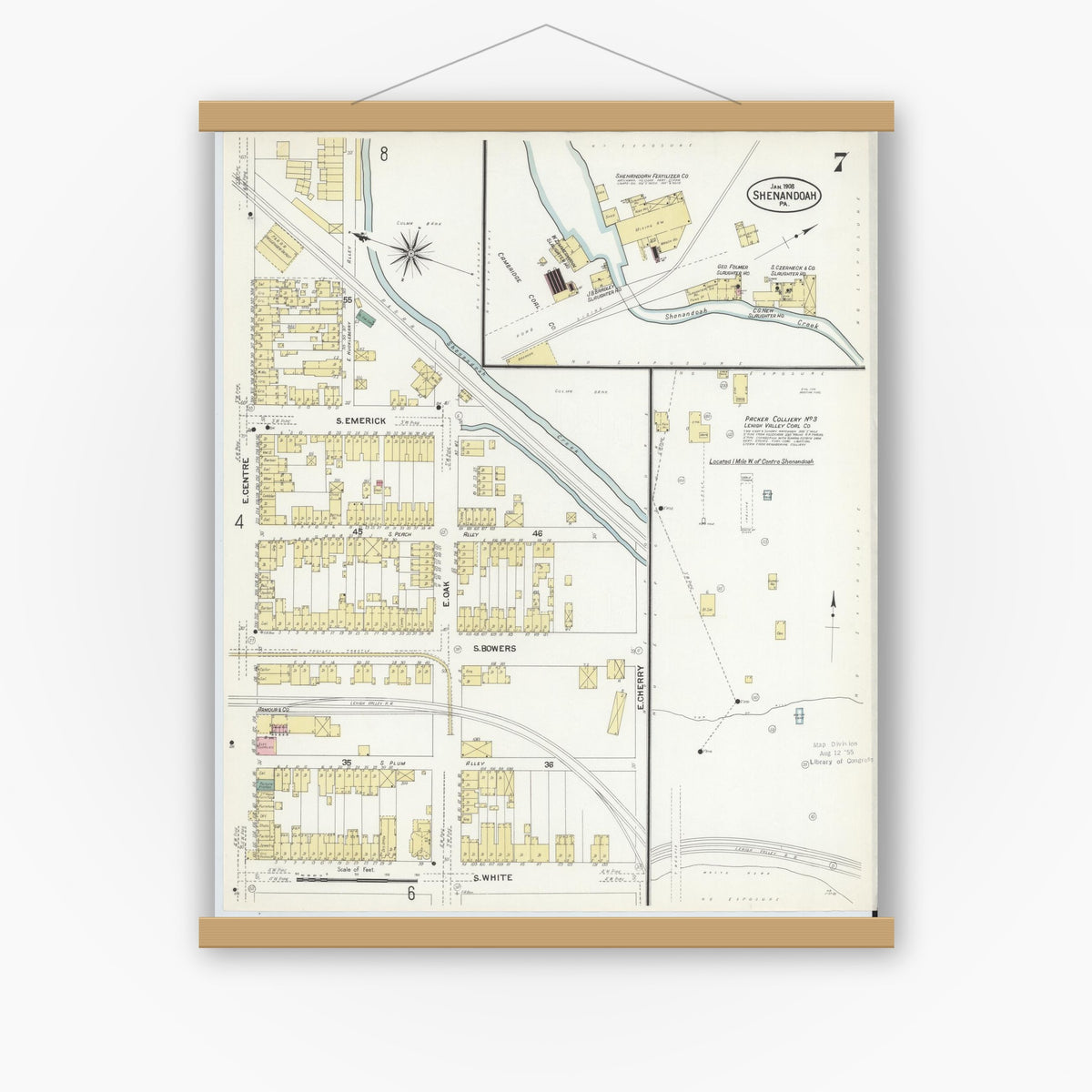 Old map wall art mockup — magnetic wood frame on white wall — Sanborn Fire Insurance Map from Shenandoah, Schuylkill County, Pennsylvania (1908), Sheet #0007