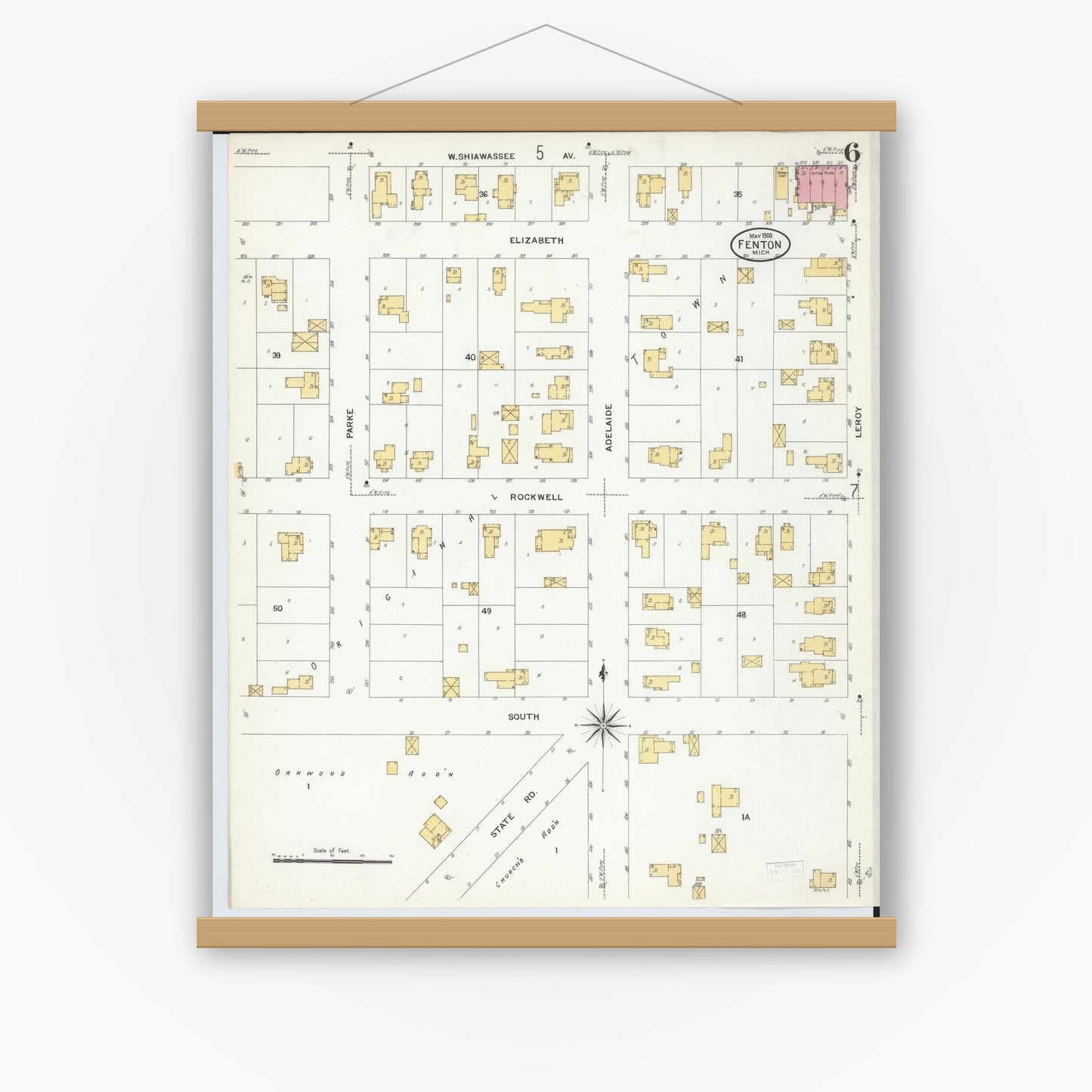 Old map wall art mockup — magnetic wood frame on white wall — Sanborn Fire Insurance Map from Fenton, Genesee County, Michigan (1908), Sheet #0006