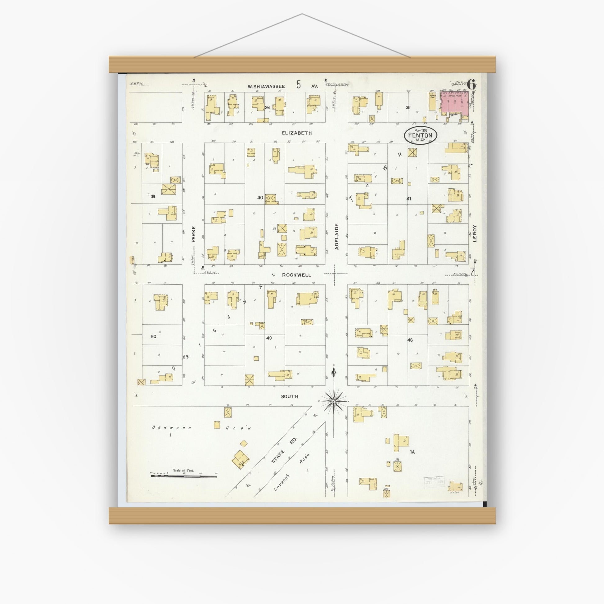 Old map wall art mockup — magnetic wood frame on white wall — Sanborn Fire Insurance Map from Fenton, Genesee County, Michigan (1908), Sheet #0006