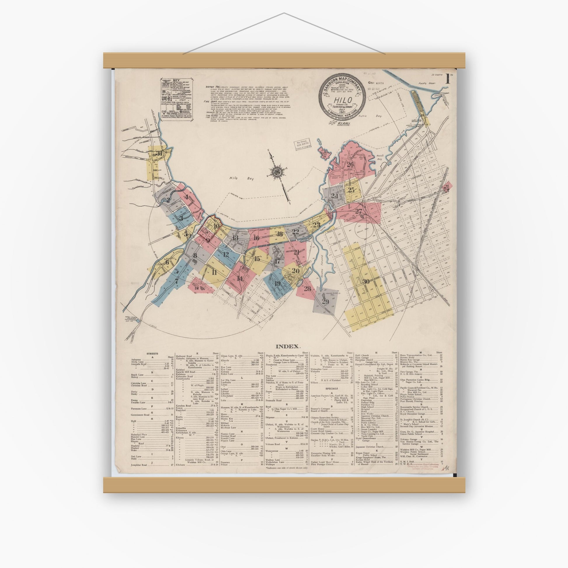 Old map wall art mockup — magnetic wood frame on white wall — Sanborn Fire Insurance Map from Hilo, Hawaii County, Hawaii (1921) — Complete Set