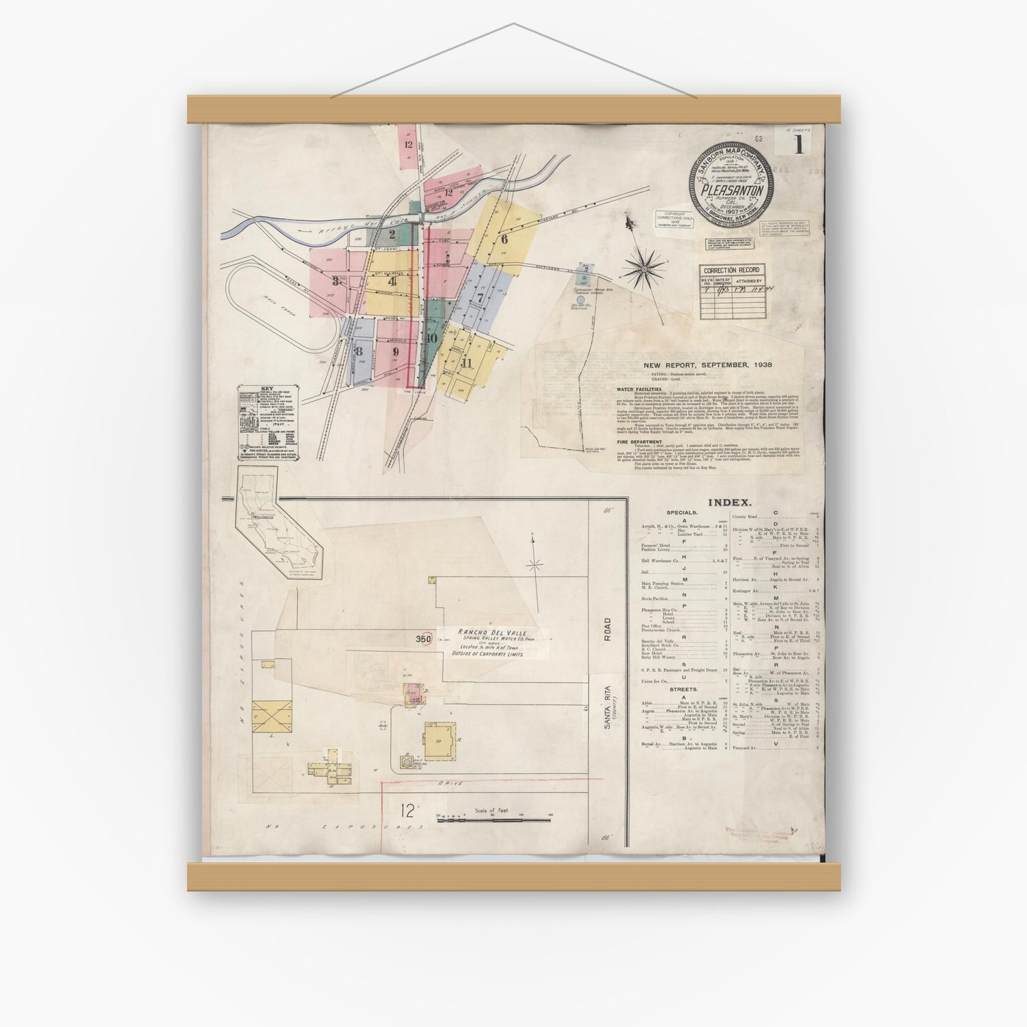 Old map wall art mockup — magnetic wood frame on white wall — Sanborn Fire Insurance Map from Pleasanton, Alameda County, California (1943) - Complete Map Set
