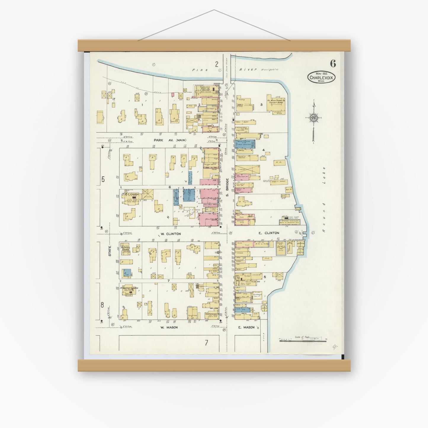 Old map wall art mockup — magnetic wood frame on white wall — Sanborn Fire Insurance Map from Charlevoix, Charlevoix County, Michigan (1912), Sheet #0006