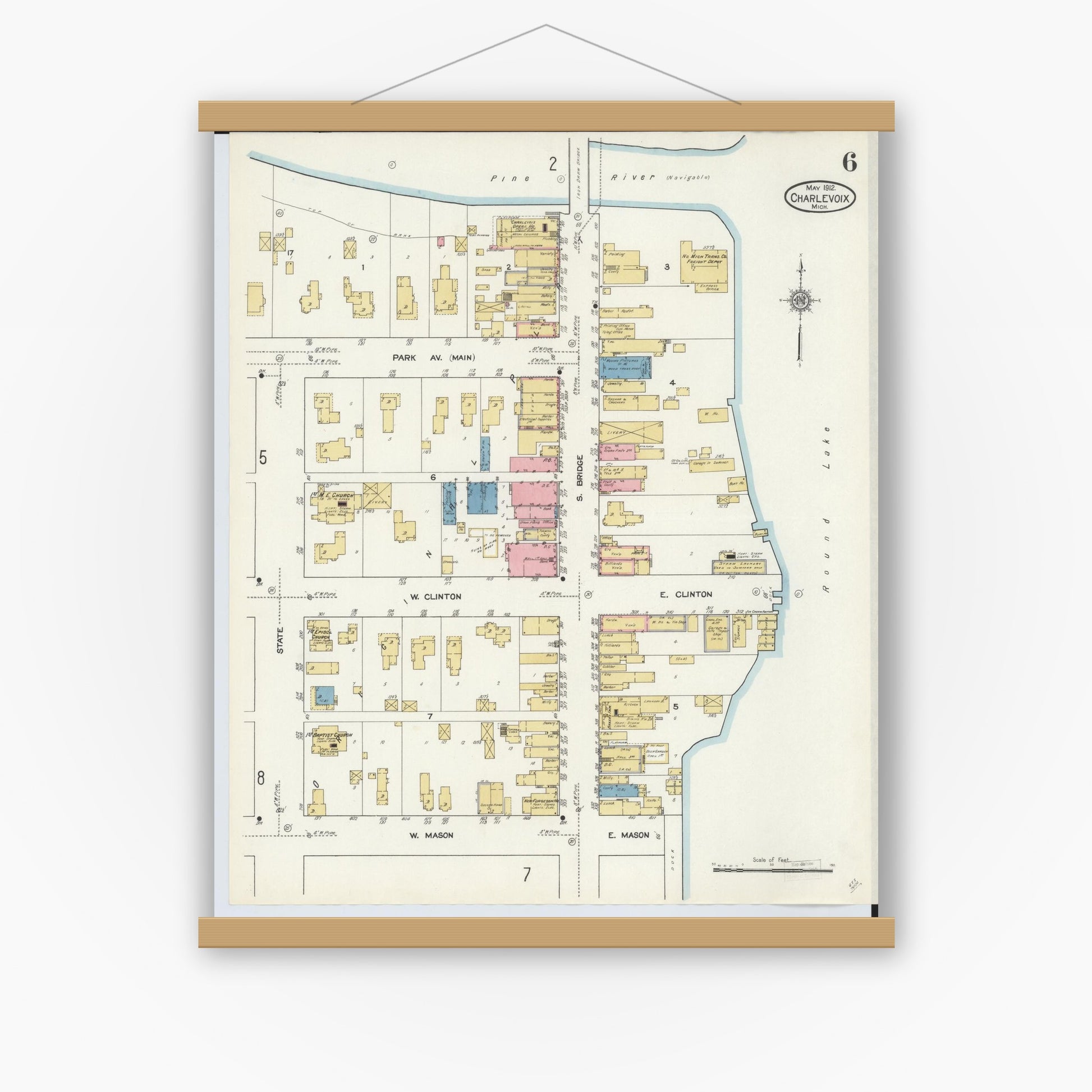 Old map wall art mockup — magnetic wood frame on white wall — Sanborn Fire Insurance Map from Charlevoix, Charlevoix County, Michigan (1912), Sheet #0006