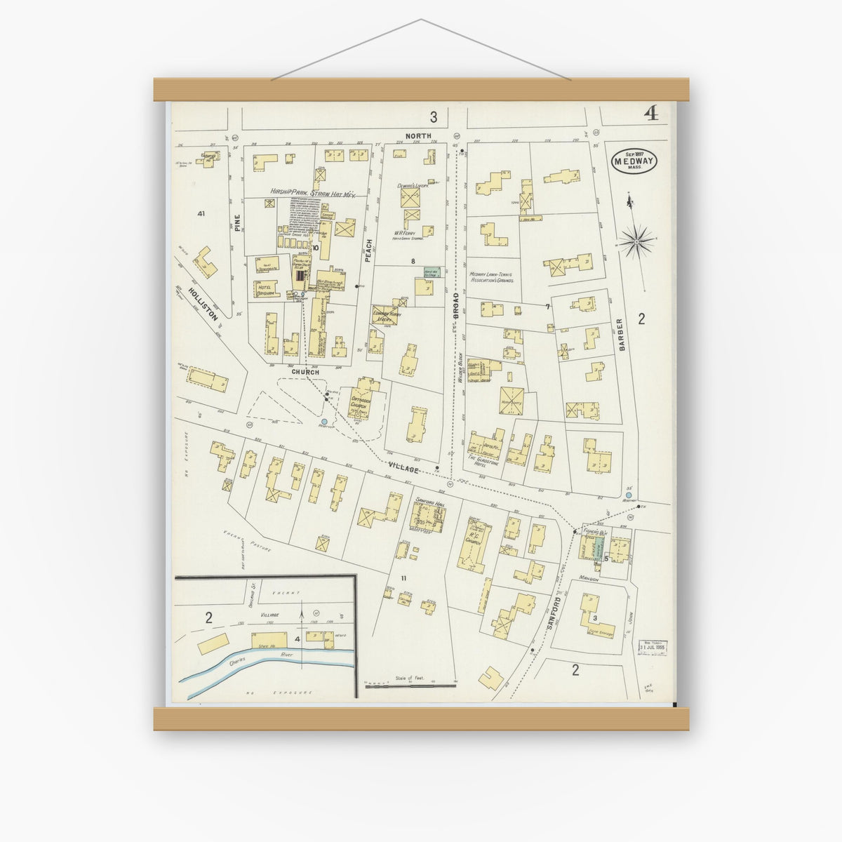 Old map wall art mockup — magnetic wood frame on white wall — Sanborn Fire Insurance Map from Medway, Norfolk County, Massachusetts (1897), Sheet #0004