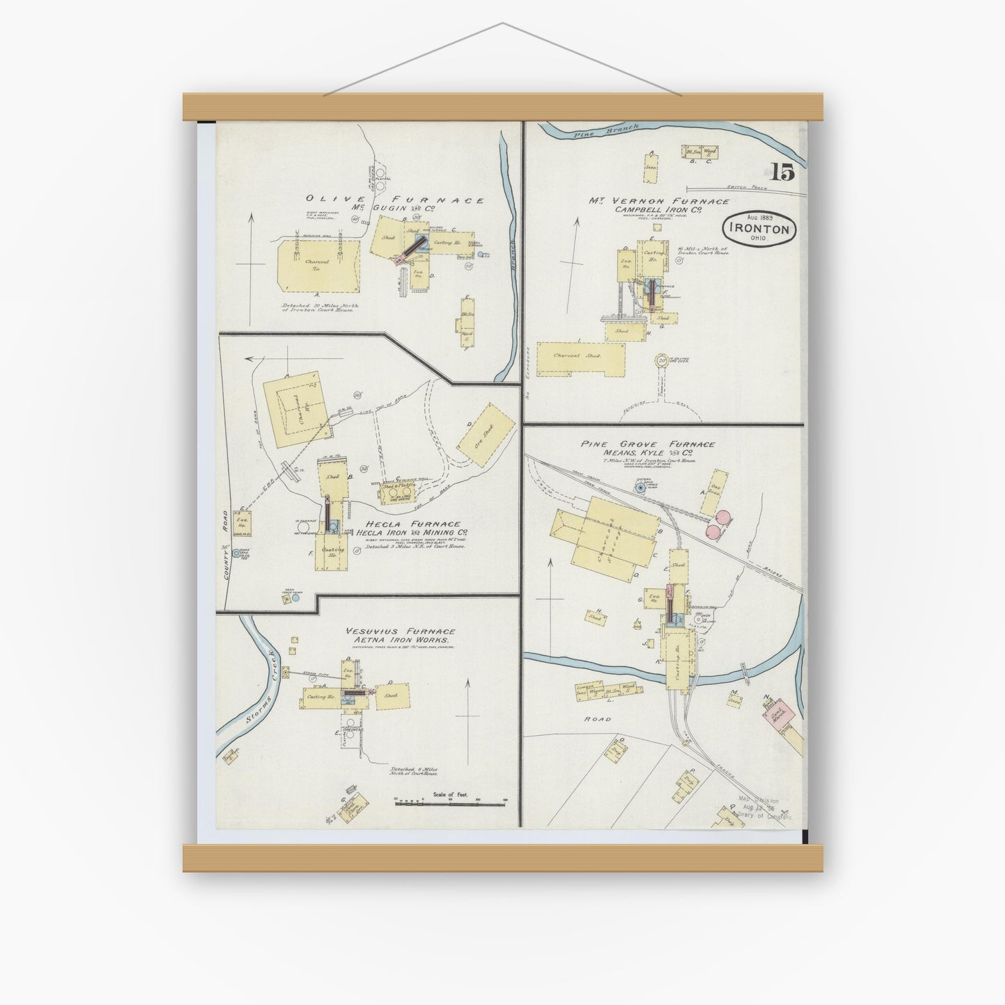 Old map wall art mockup — magnetic wood frame on white wall — Sanborn Fire Insurance Map from Ironton, Lawrence County, Ohio (1889), Sheet #0015