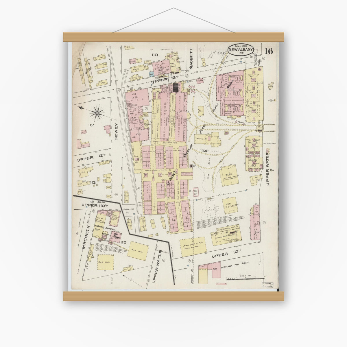 Old map wall art mockup — magnetic wood frame on white wall — Sanborn Fire Insurance Map from New Albany, Floyd County, Indiana (1886), Sheet #0016