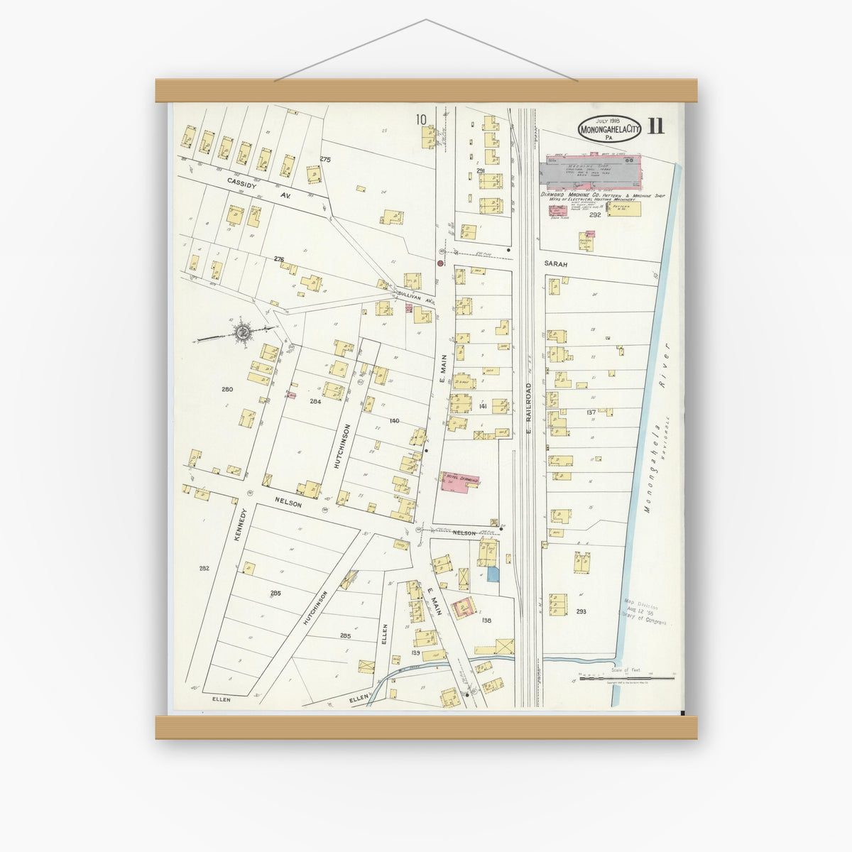Old map wall art mockup — magnetic wood frame on white wall — Sanborn Fire Insurance Map from Monongahela City, Washington County, Pennsylvania (1918), Sheet #0011