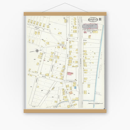 Old map wall art mockup — magnetic wood frame on white wall — Sanborn Fire Insurance Map from Monongahela City, Washington County, Pennsylvania (1918), Sheet #0011