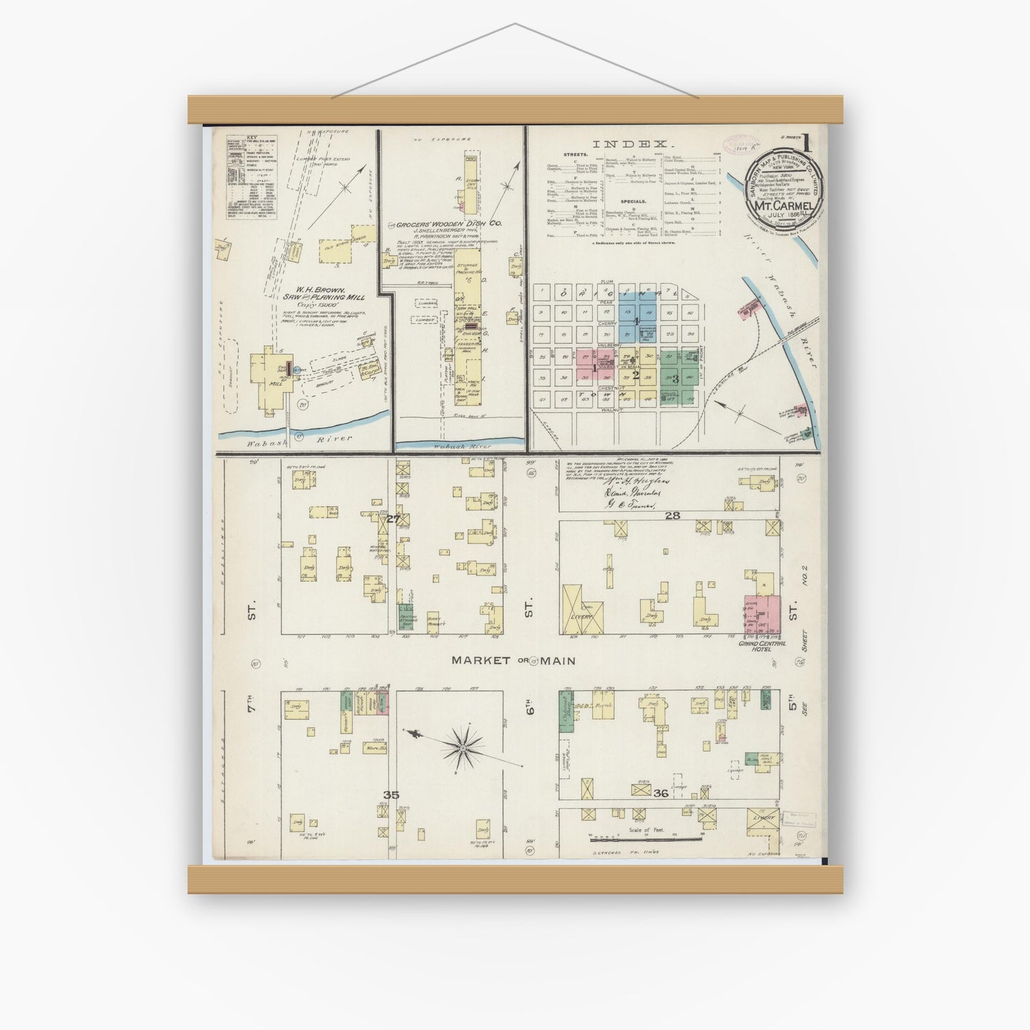 Old map wall art mockup — magnetic wood frame on white wall — Sanborn Fire Insurance Map from Mount Carmel, Wabash County, Illinois (1886) - Complete Map Set