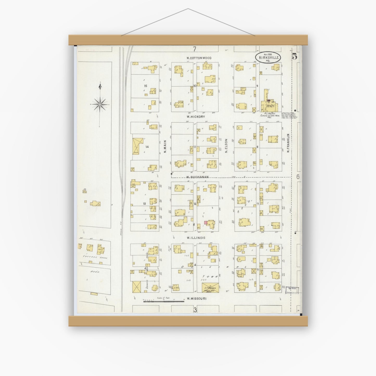 Old map wall art mockup — magnetic wood frame on white wall — Sanborn Fire Insurance Map from Kirksville, Adair County, Missouri (1898), Sheet #0005