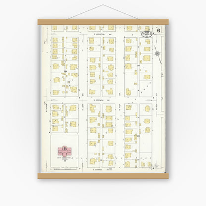 Old map wall art mockup — magnetic wood frame on white wall — Sanborn Fire Insurance Map from Temple, Bell County, Texas (1915), Sheet #0006