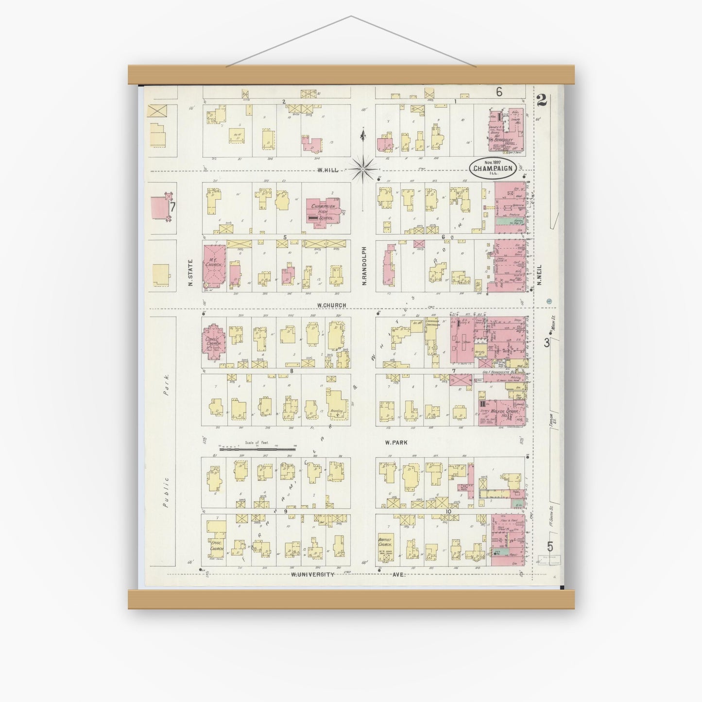 Old map wall art mockup — magnetic wood frame on white wall — Sanborn Fire Insurance Map from Champaign, Champaign County, Illinois (1897), Sheet #0002