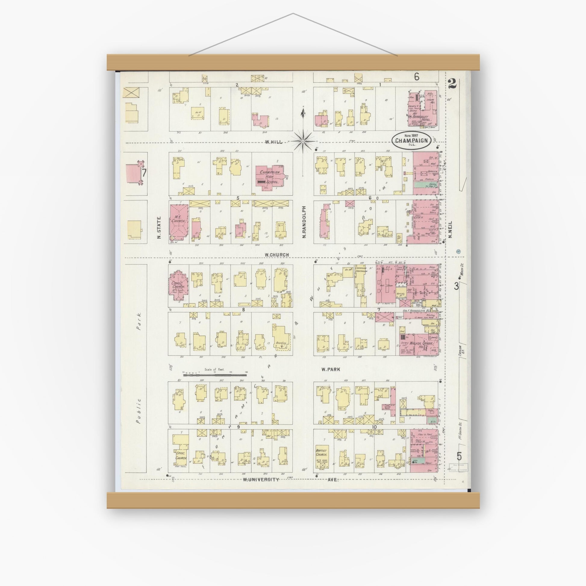 Old map wall art mockup — magnetic wood frame on white wall — Sanborn Fire Insurance Map from Champaign, Champaign County, Illinois (1897), Sheet #0002