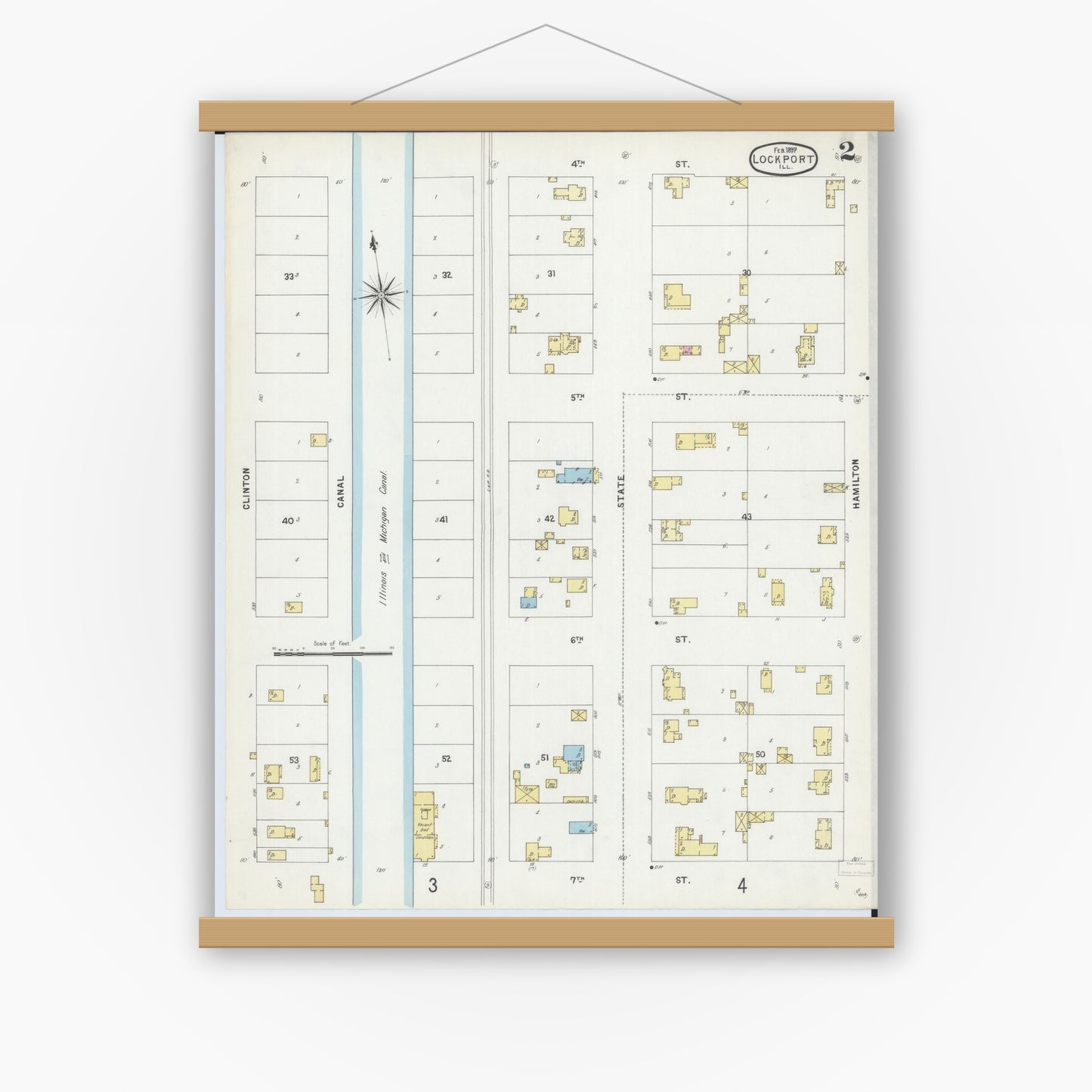 Old map wall art mockup — magnetic wood frame on white wall — Sanborn Fire Insurance Map from Lockport, Will County, Illinois (1897), Sheet #0002