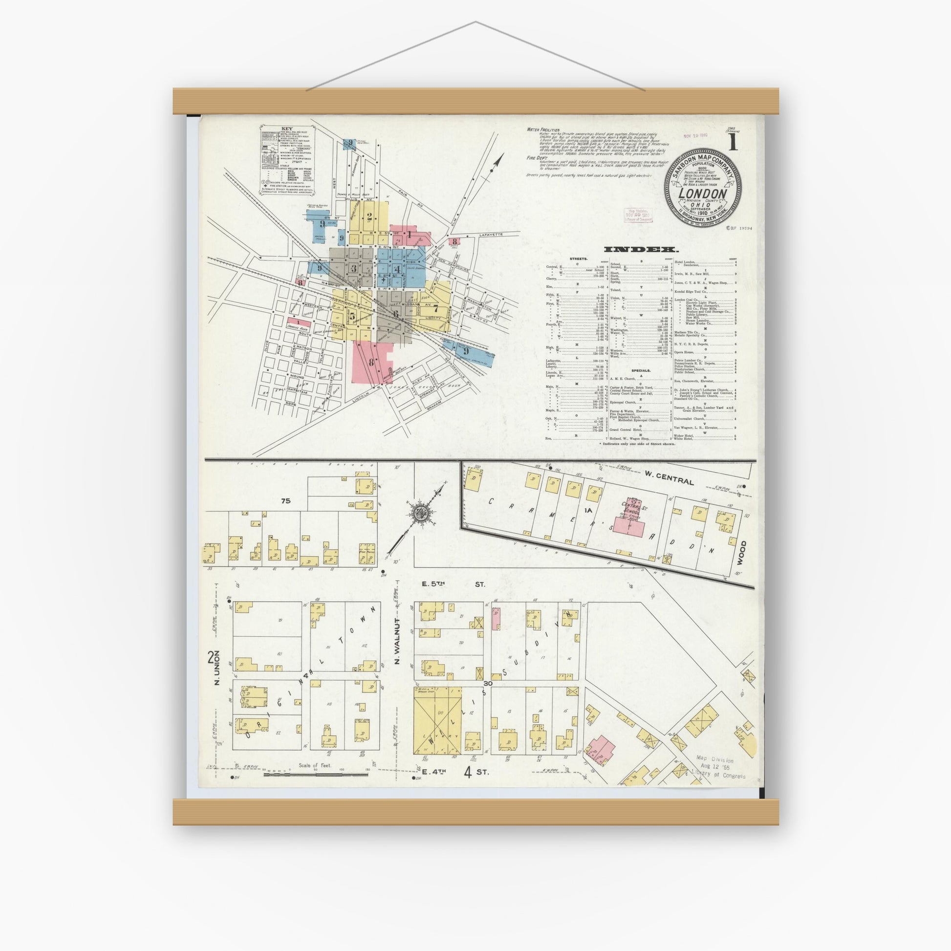 Old map wall art mockup — magnetic wood frame on white wall — Sanborn Fire Insurance Map from London, Madison County, Ohio (1910), Sheet #0001