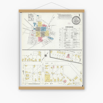 Old map wall art mockup — magnetic wood frame on white wall — Sanborn Fire Insurance Map from London, Madison County, Ohio (1910), Sheet #0001