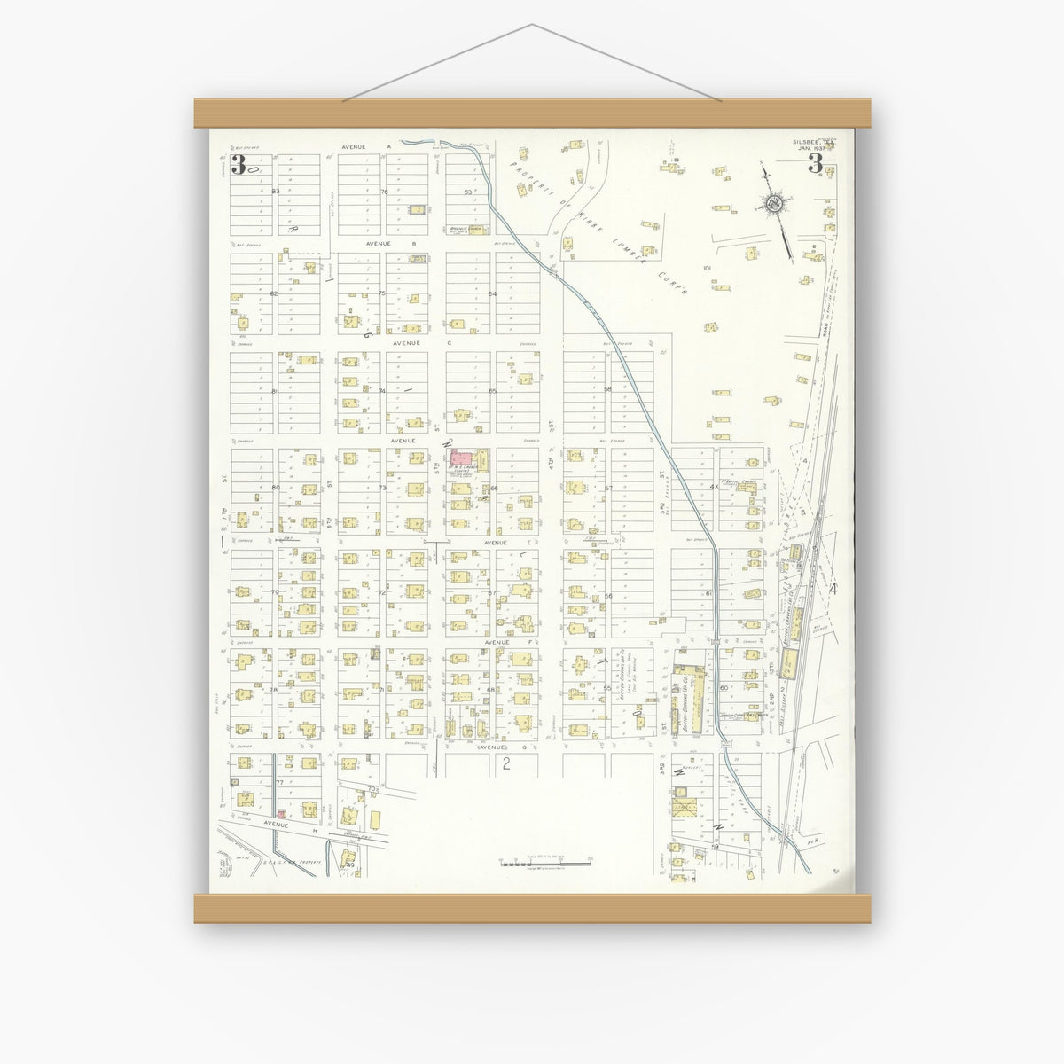 Old map wall art mockup — magnetic wood frame on white wall — Sanborn Fire Insurance Map from Silsbee, Hardin County, Texas (1937), Sheet #0003