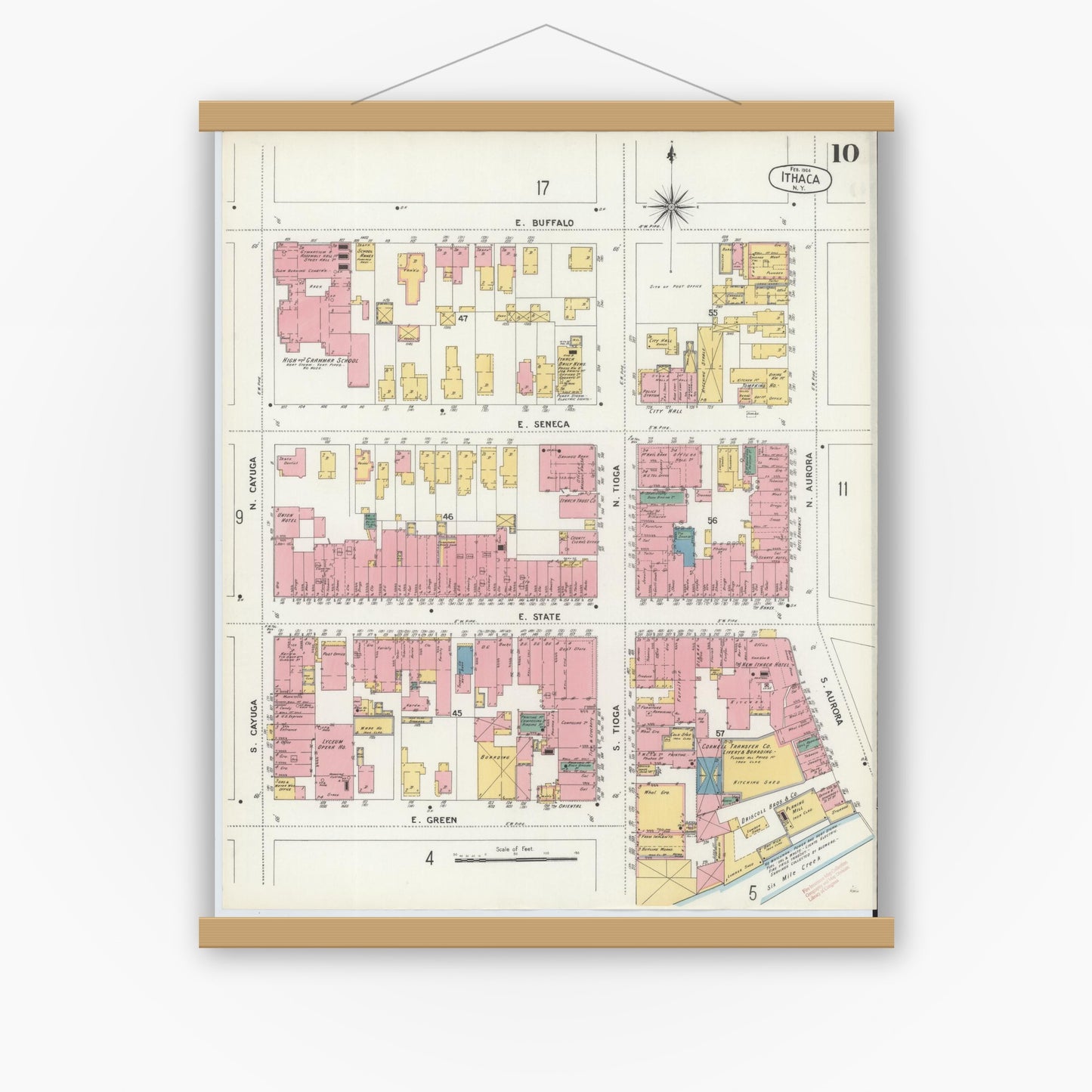 Old map wall art mockup — magnetic wood frame on white wall — Sanborn Fire Insurance Map from Ithaca, Tompkins County, New York (1904), Sheet #0010