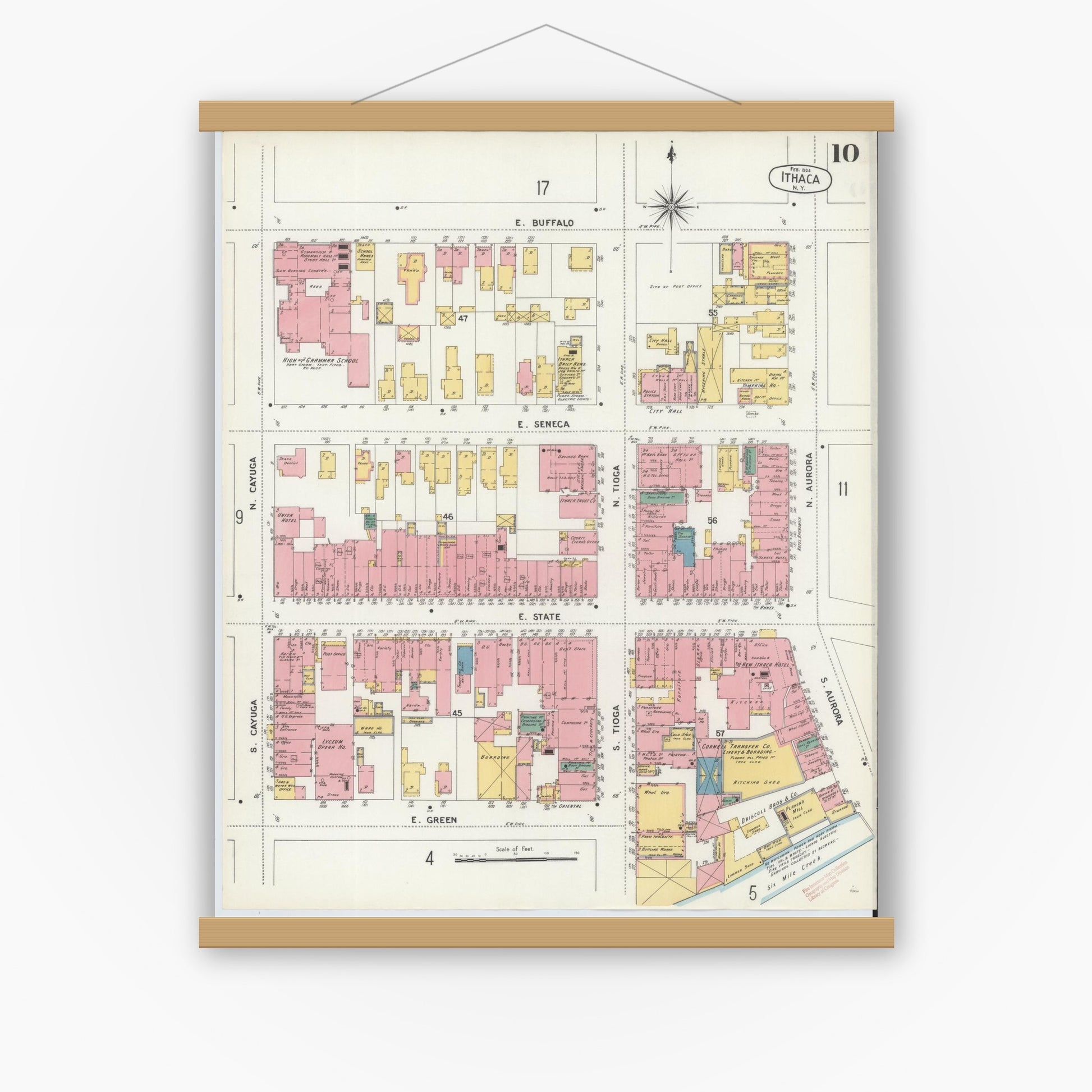 Old map wall art mockup — magnetic wood frame on white wall — Sanborn Fire Insurance Map from Ithaca, Tompkins County, New York (1904), Sheet #0010