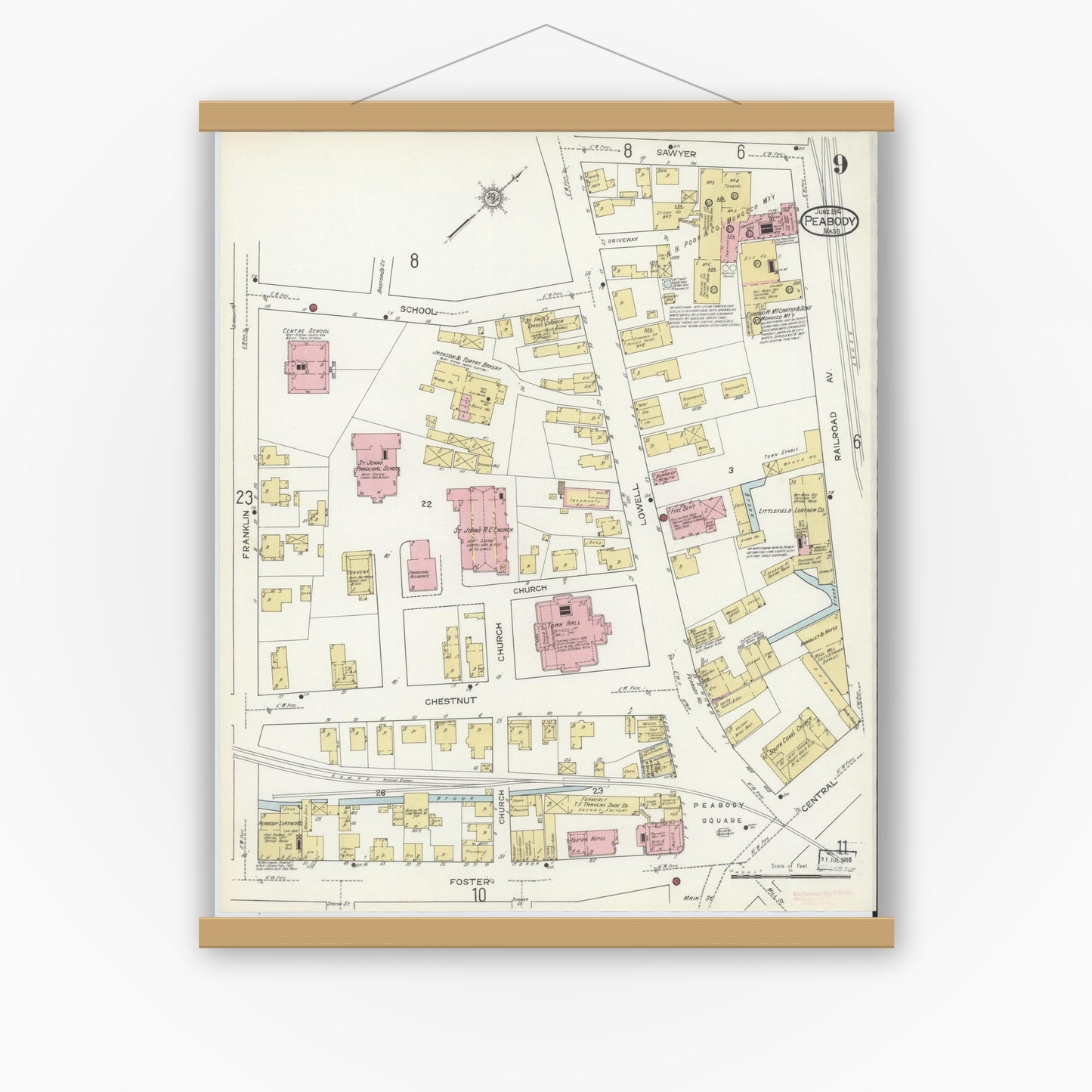 Old map wall art mockup — magnetic wood frame on white wall — Sanborn Fire Insurance Map from Peabody, Essex County, Massachusetts (1914), Sheet #0009