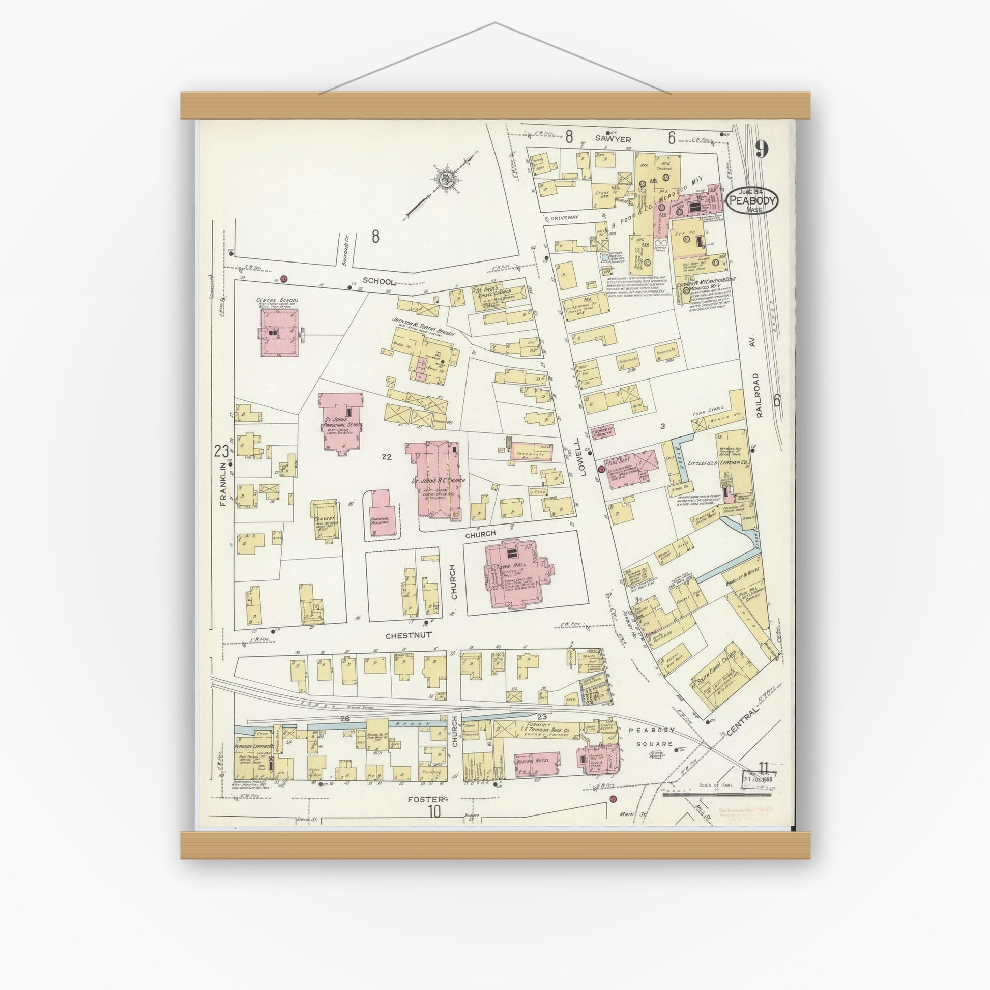 Old map wall art mockup — magnetic wood frame on white wall — Sanborn Fire Insurance Map from Peabody, Essex County, Massachusetts (1914), Sheet #0009