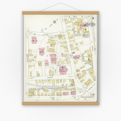 Old map wall art mockup — magnetic wood frame on white wall — Sanborn Fire Insurance Map from Peabody, Essex County, Massachusetts (1914), Sheet #0009