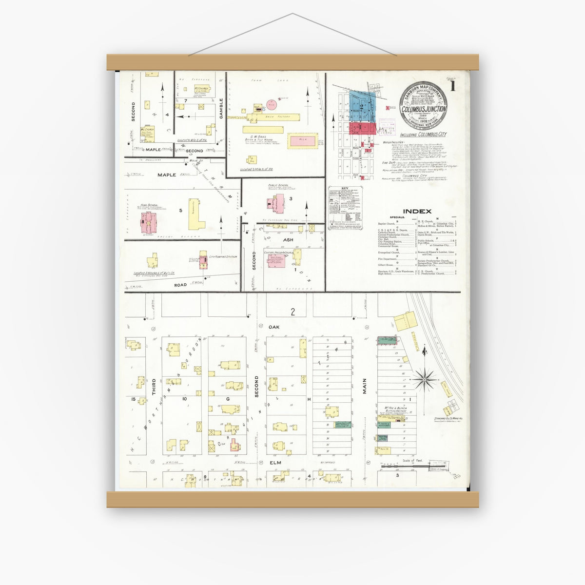 Old map wall art mockup — magnetic wood frame on white wall — Sanborn Fire Insurance Map from Columbus Junction, Louisa County, Iowa (1909) â€” Complete Set