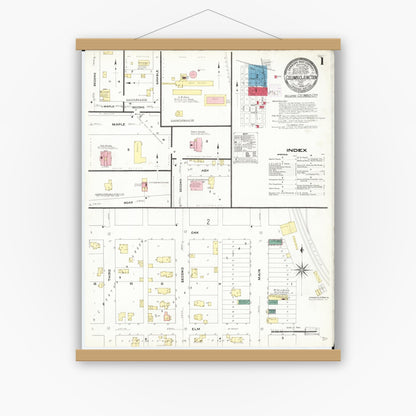 Old map wall art mockup — magnetic wood frame on white wall — Sanborn Fire Insurance Map from Columbus Junction, Louisa County, Iowa (1909) â€” Complete Set