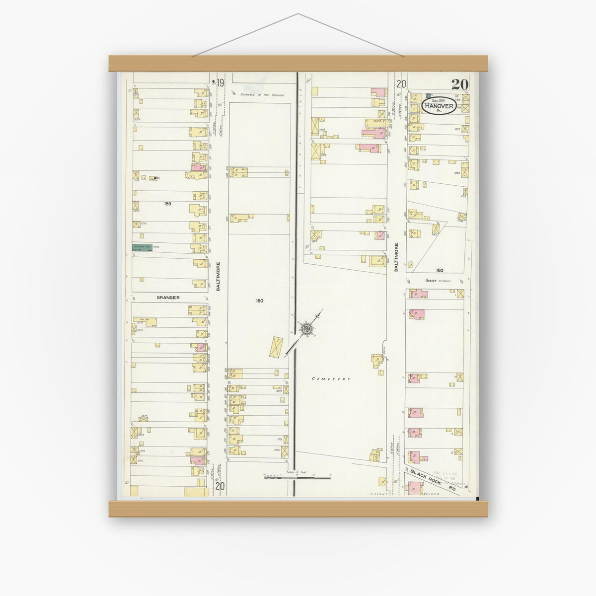 Old map wall art mockup — magnetic wood frame on white wall — Sanborn Fire Insurance Map from Hanover, York County, Pennsylvania (1909), Sheet #0020